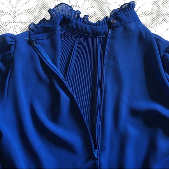 Vintage cobalt blue ruffle neck puff shoulder semi-sheer long sleeve midi dress - Picture 8 of 15